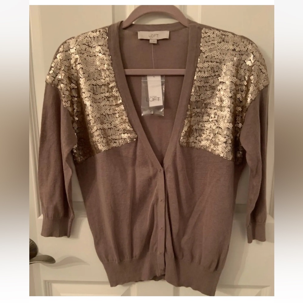 LOFT cardigan sweater Medium Linen Cotton Sequin Brown Taupe V-Neck Button